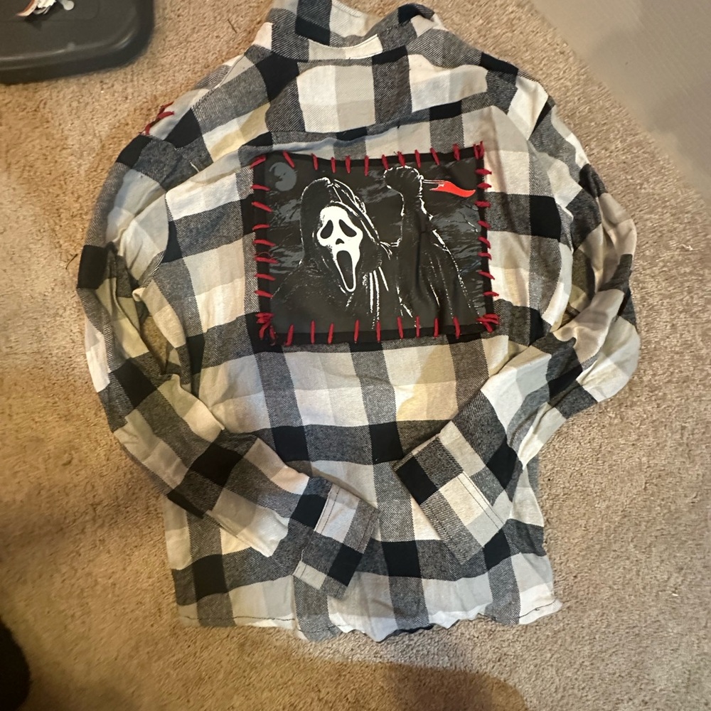 Scream, ghost face flannel Plaid Black and White Men's Shirt with Graphic Patch